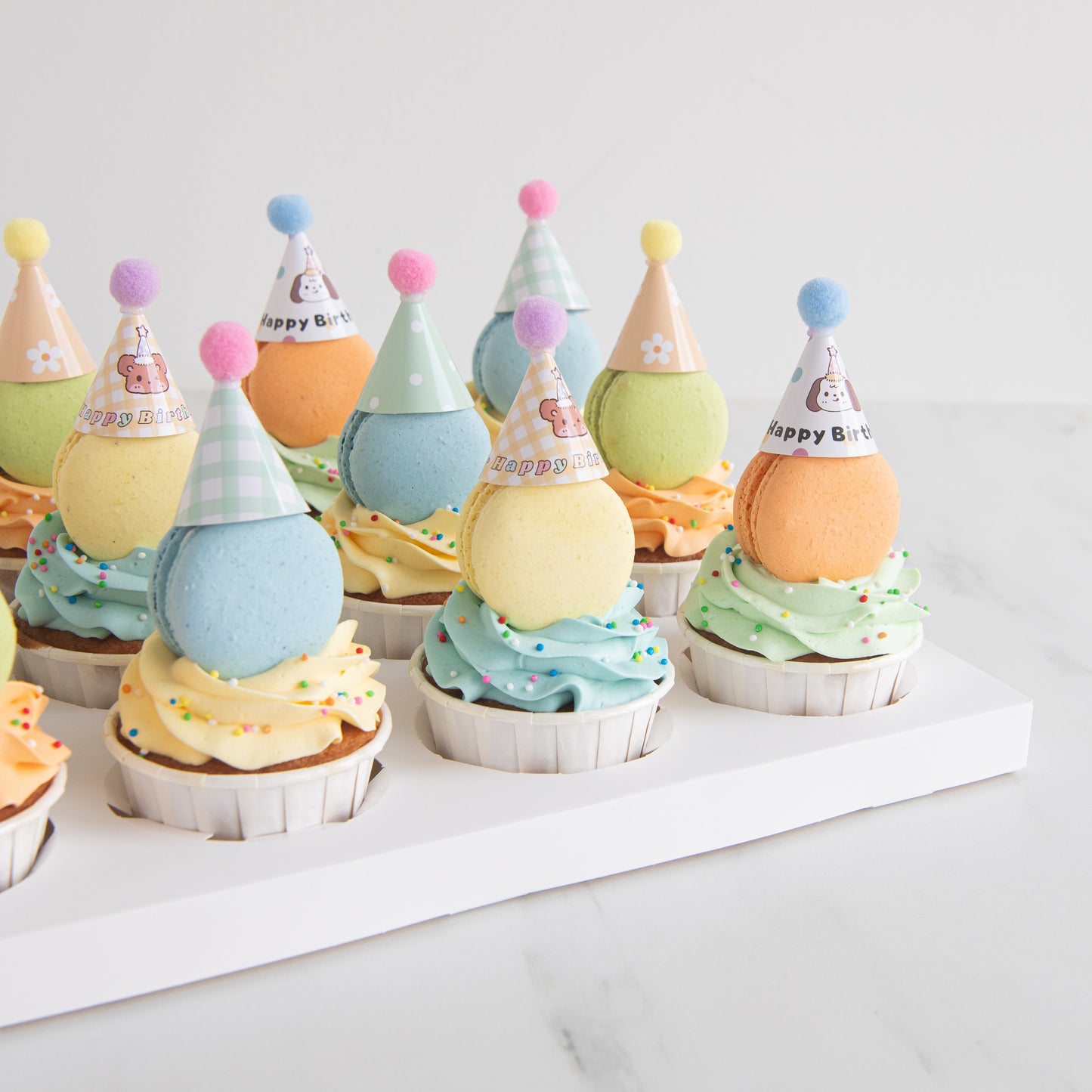 Pastel Macaron Cupcakes with party hat | NOW FOR $68.80 ONLY(U.P $128.80)