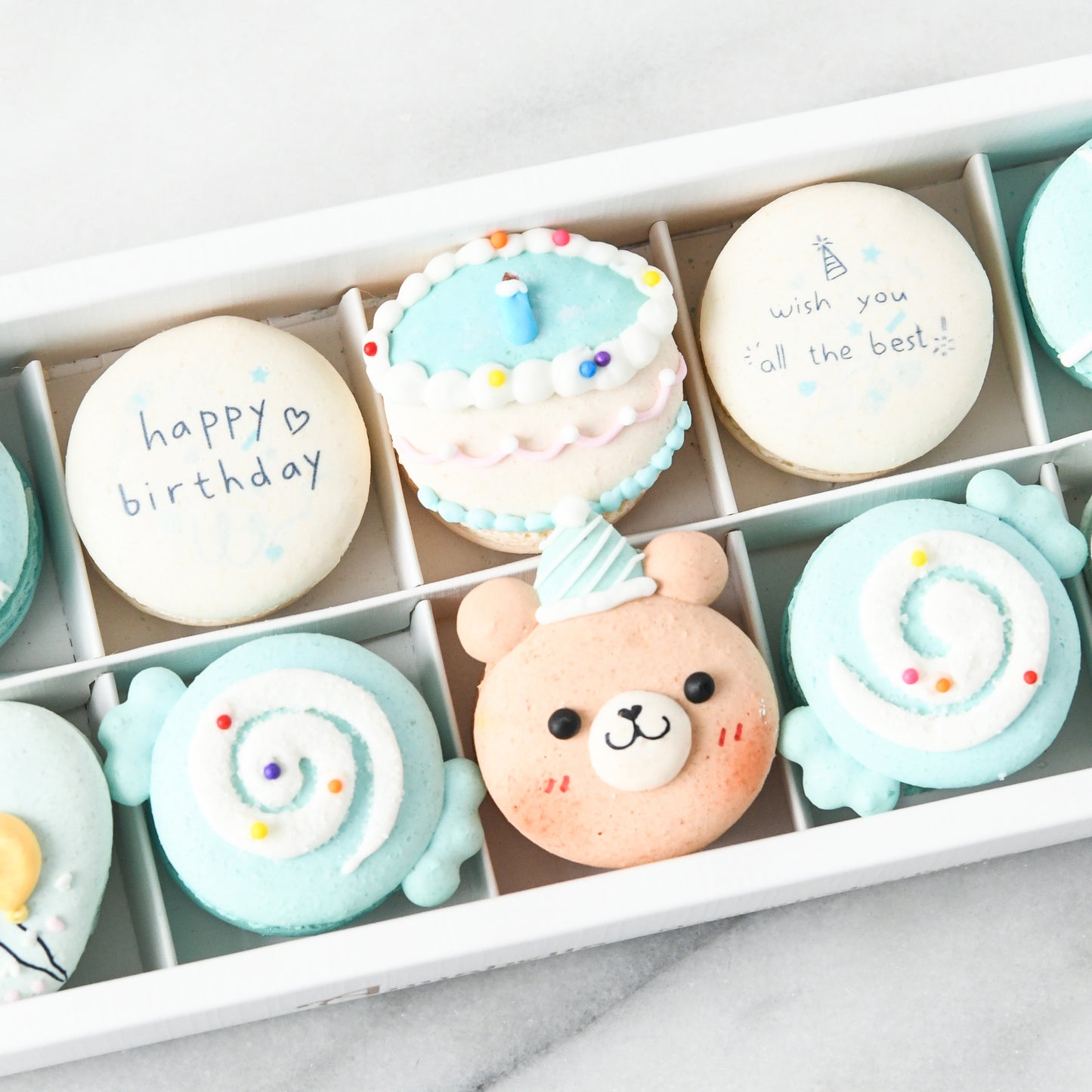 10pcs Birthday Boy Macarons in a Gift Box | Complimentary Ribbon and Personalised Message | $45.80 nett only