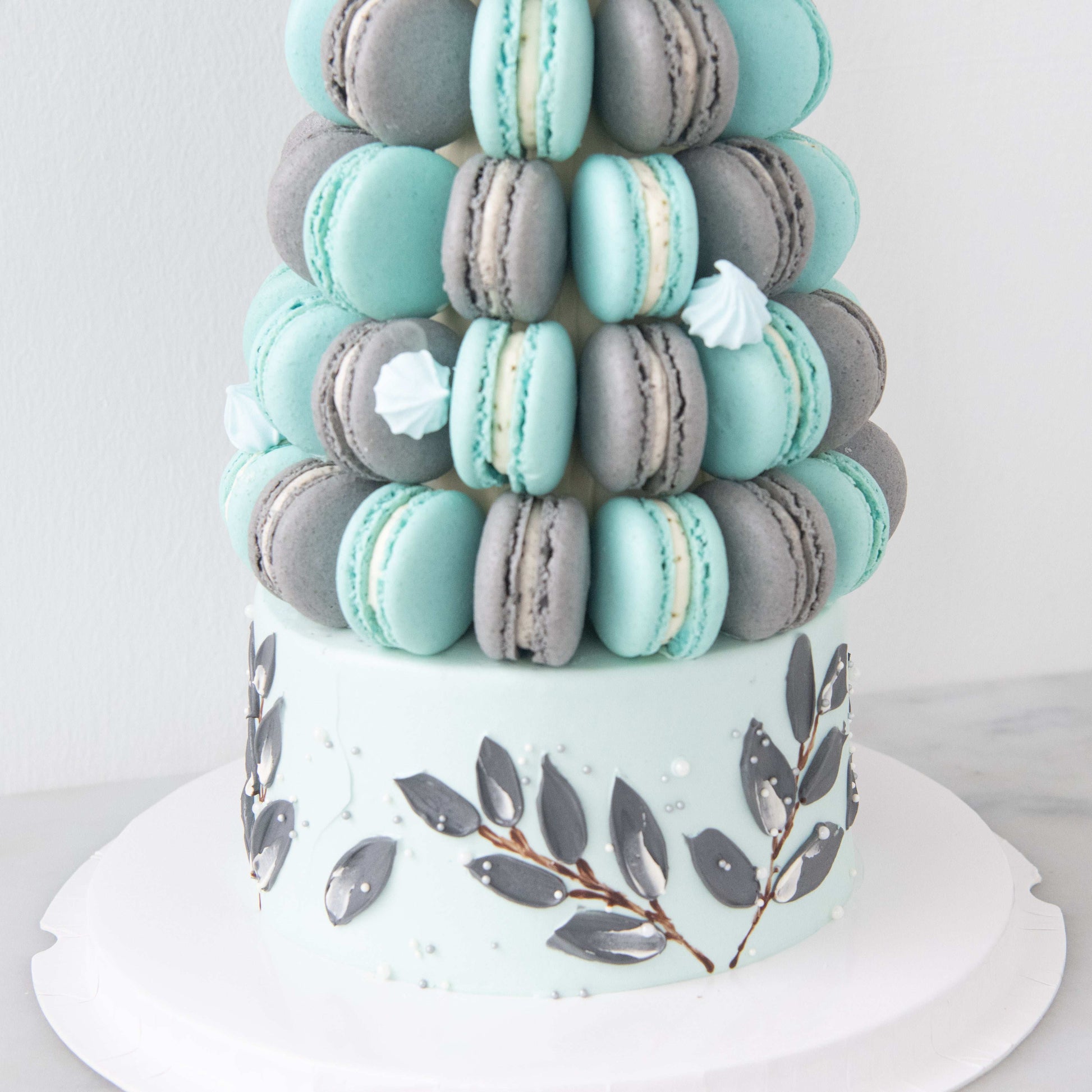 Customized Cake-Blue Ombre Macaron Tower Cake In Gift Box | $258 Nett