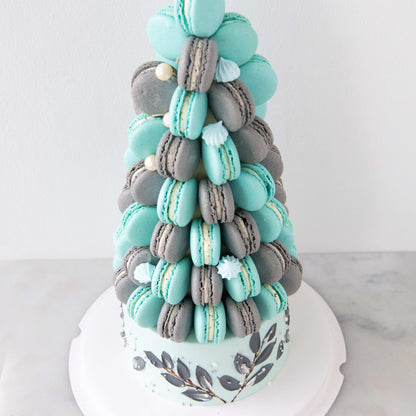 Customized Cake-Blue Ombre Macaron Tower Cake In Gift Box | $258 Nett