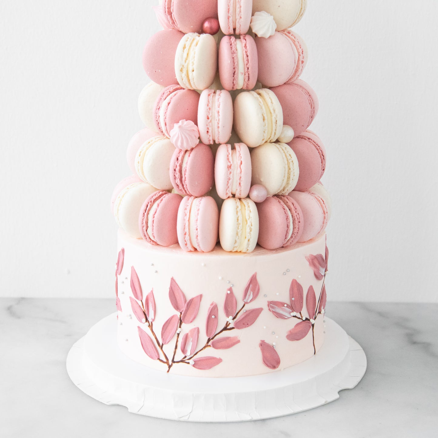Customized Cake-Pink Ombre Macaron Tower Cake In Gift Box | $258 Nett