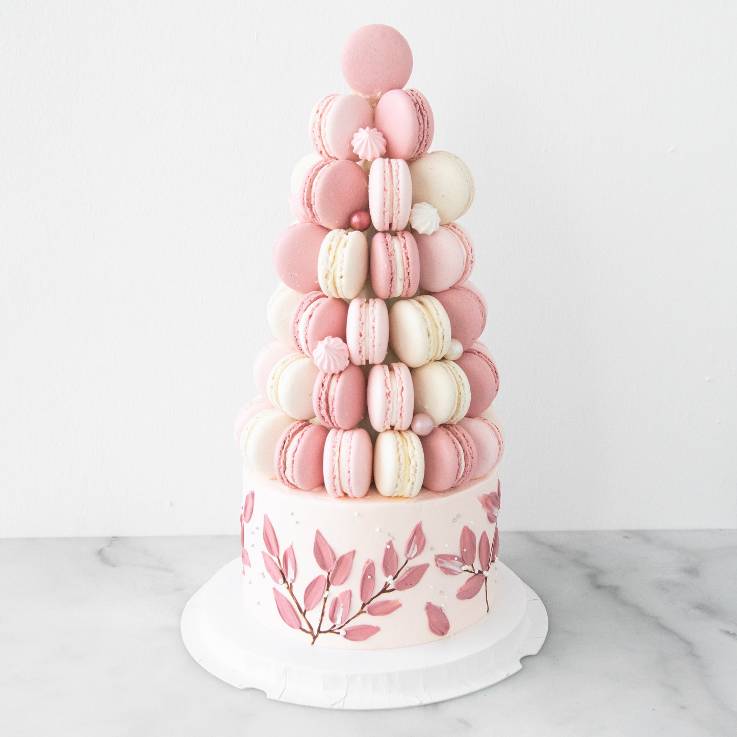 Customized Cake-Pink Ombre Macaron Tower Cake In Gift Box | $258 Nett