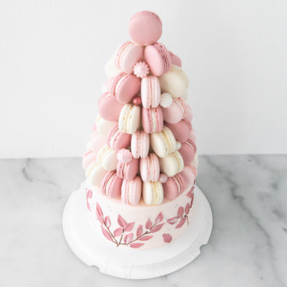 Customized Cake-Pink Ombre Macaron Tower Cake In Gift Box | $258 Nett
