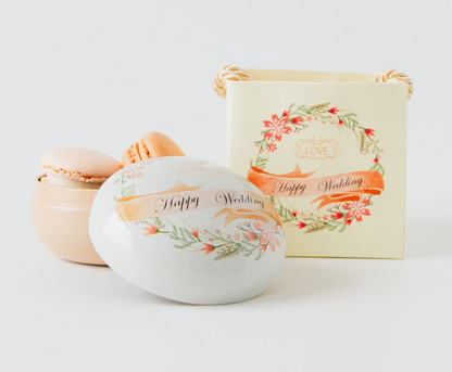 Wedding Door-Gift | 2pcs Macarons in Round Tin "HAPPY WEDDING" Box & Paper Bag