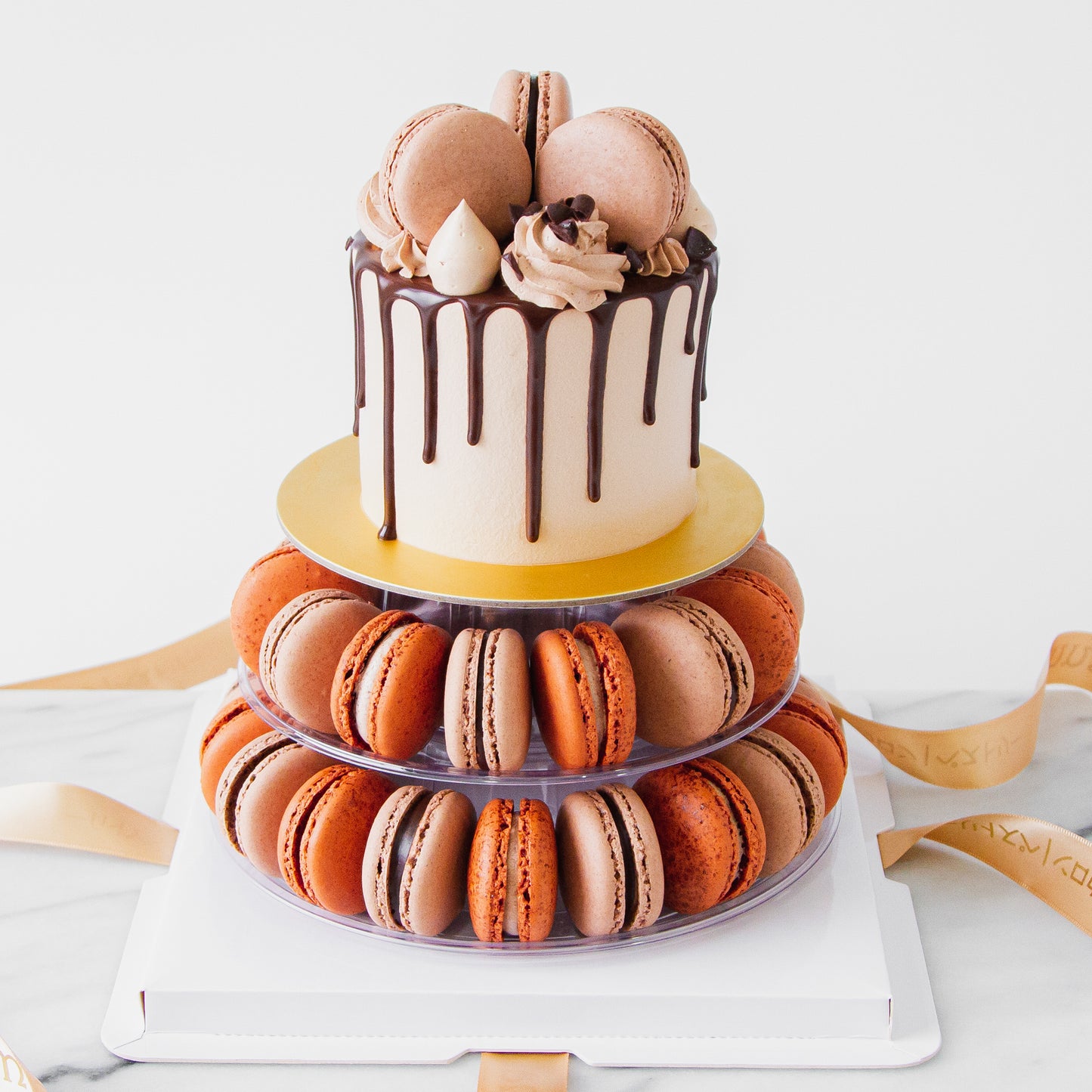 Macaron Cake Tower - Chocolate Truffle Cake with 40 pcs macarons - $128 Nett